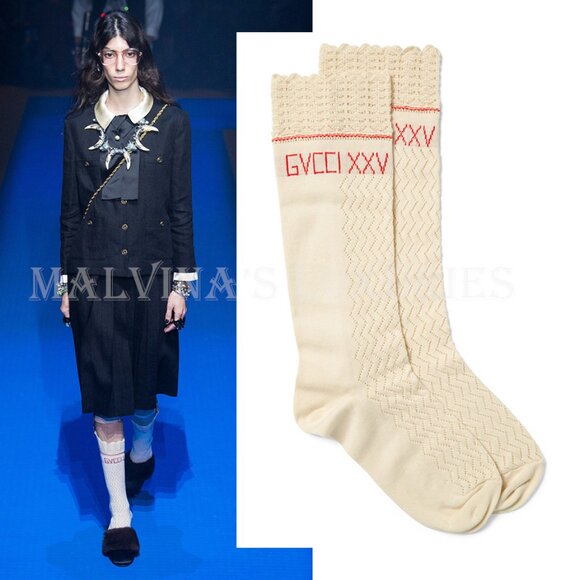 Gucci Accessories - GUCCI DRESS SOCKS XXV KNITTED COTTON CROCHET SCALLOP TOP EMBROIDERED LOGO
